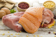 High protein food of fresh fish, pork and chicken meat and legumes