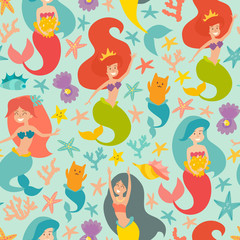  Marine vector pattern. Seamless pattern with cute mermaids, cat, pearl and starfish. Design for wrapping, fabric, textile. Sea background with cute mermaid girls