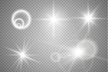 Set Of Golden Glowing Lights Effects Isolated On Transparent Background. Sun Flash With Rays And Spotlight. Glow Light Effect. Star Burst With Sparkles.
