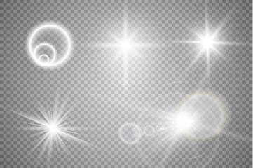 set of golden glowing lights effects isolated on transparent background. sun flash with rays and spo