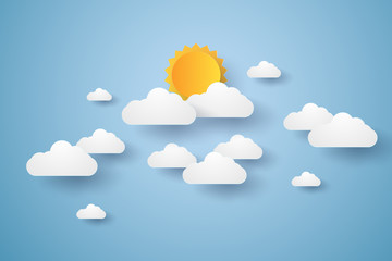 Wall Mural - Cloudscape , blue sky with clouds and sun , paper art style