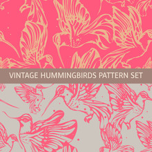 Vintage Hummingbirds Seamless Pattern Set In Soft Colors