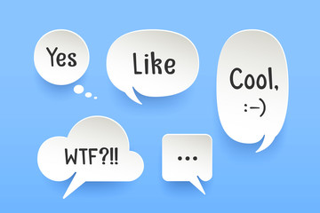 Fototapete - Set of paper bubble cloud talk with shadow. White paper isolated cloud talk silhouette with text Like, Cool, Yes, smile symbol. Design elements for speech, message, social network. Vector Illustration
