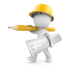 Construction Time Again. Dude 3D Character The Builder Carrying Large Ruler And Pencil. Yellow Theme. 3d Render.