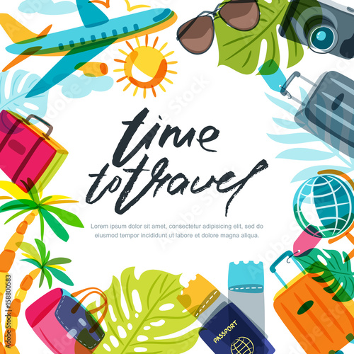 Vector banner, poster or flyer design template with palm leaves, plane, luggage and calligraphy lettering. Hand drawn illustration. Trendy concept for summer travel, holidays and tourism background © Betelgejze