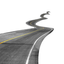 Abstract Black Asphalt Winding Road Transport Going To The Distance With Yellow Line Drawing Separated Two Way Of Forward And Backward, Isolated On White Background. This Has Clipping Path.