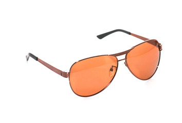 Polarized orange glasses,white background.