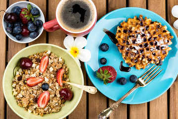 Wall Mural - Photo of healthy breakfast on wooden background