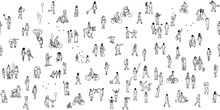 Seamless Banner Of Tiny People, Can Be Tiled Horizontally: Pedestrians In The Street, A Diverse Collection Of Small Hand Drawn Men And Women Walking Through The City