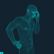 Man in a Thinker Pose. 3D Model of Man. Geometric Design. Business, Science, Psychology or Philosophy Vector Illustration.