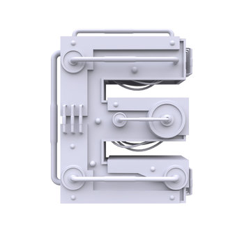 Iron mechanical letter isolated on white background. Futuristic industrial metal alphabet in sci fi or steampunk style. Realistic 3d render.