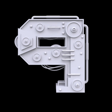 Iron mechanical number isolated on black background. Futuristic industrial metal symbol in sci fi or steampunk style. Realistic 3d render.