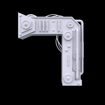 Iron mechanical number isolated on black background. Futuristic industrial metal symbol in sci fi or steampunk style. Realistic 3d render.