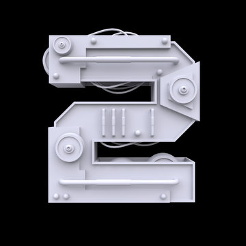 Iron mechanical number isolated on black background. Futuristic industrial metal symbol in sci fi or steampunk style. Realistic 3d render.