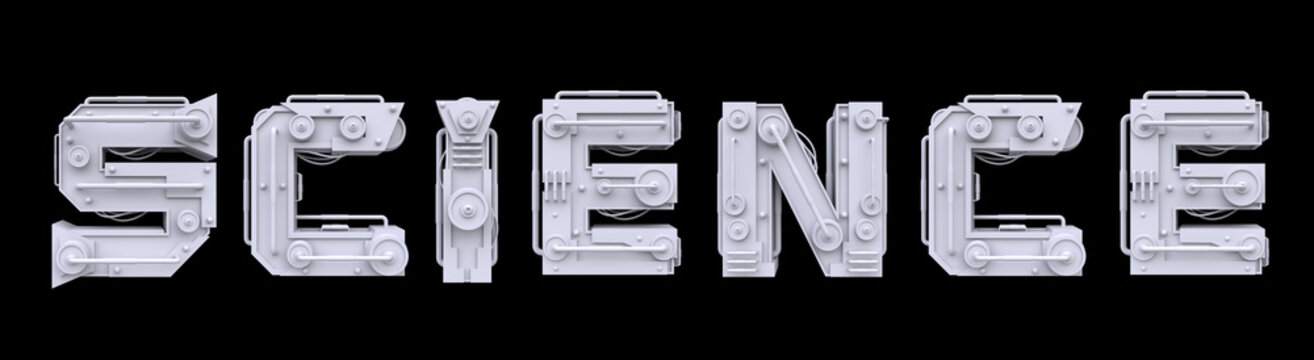 Iron mechanical word science isolated on black background. Futuristic industrial metal text in sci-fi or steampunk style. Realistic 3d render.
