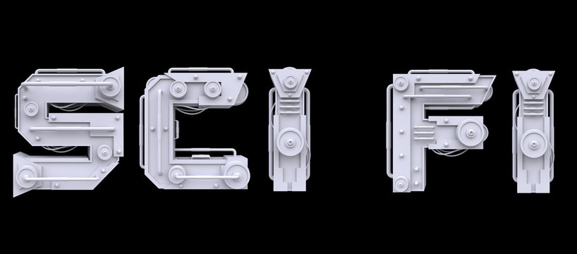 Iron mechanical word sci fi isolated on black background. Futuristic industrial metal text in technology or steampunk style. Realistic 3d render.