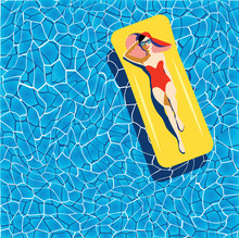 Beautiful Young Woman Tanning In The Pool, With Sunglasses, Hat, Retro Style. Pop Art. Summer Holiday. Vector Eps10 Illustration 