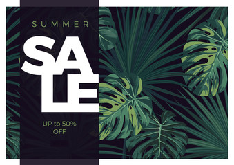 dark vector tropical typography sale design with green jungle palm leaves.