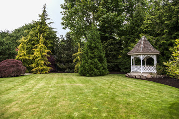 backyard with green grass and gazebo