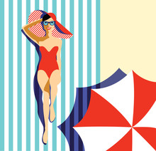 Beautiful Young Woman Tanning At The Beach, With Sunglasses, Hat, Retro Style. Pop Art. Summer Holiday. Vector Eps10 Illustration 
