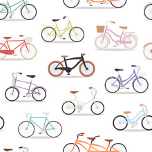 Collection Of Vector Realistic Bicycles Vintage Style Old Bike Seamless Pattern Background Transport Illustration