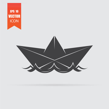 Paper boat icon in flat style isolated on grey background.