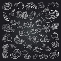 Wall Mural - Fruits and vegetables illustrations. Health food doodle pictures on the black background. Vector set