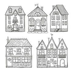 Poster - Funny doodle houses. Hand drawn vector illustration set