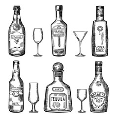 Wall Mural - Vintage hand drawing different bottles. Vector illustration set
