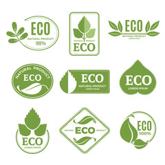 Sticker - Labels or eco logo set with plants and green leafs. Vector icons isolate on white background