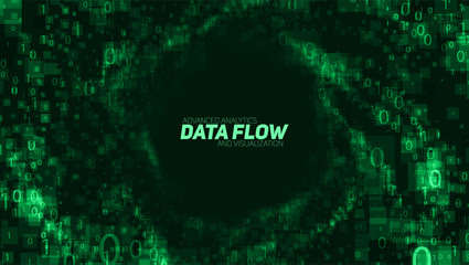 Poster - Vector abstract big data visualization. Green glowing data flow as binary numbers. Computer code representation. Cryptographic analysis, hacking. Bitcoin, blockchain transfer. Pattern of program code