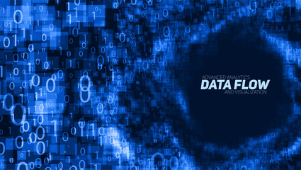 Poster - Vector abstract big data visualization. Blue glowing data flow as binary numbers. Computer code representation. Cryptographic analysis, hacking. Bitcoin, blockchain transfer. Pattern of program code