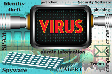 Colorful background with computer keyboard, computer screen and the word virus written on the computer`s screen. Computer virus theme