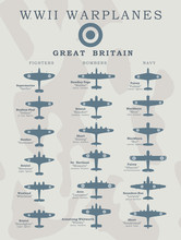 World War II Warplanes In Vector Silhouette Line Illustrations By Coutries Great Britain 