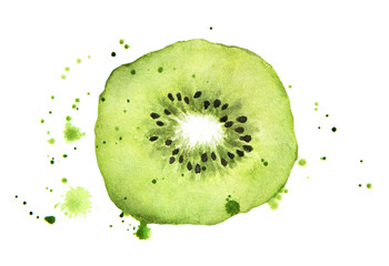 Kiwi slice with splashes isolated on white background. Watercolor food illustration, art painting