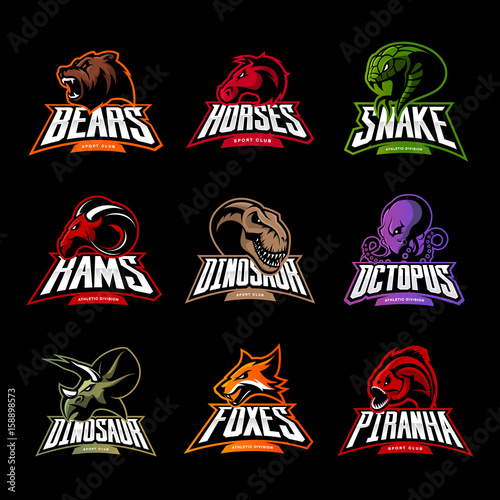 Fotografia, Obraz Bear, horse, snake, ram, fox, piranha, dinosaur, octopus head isolated vector logo concept