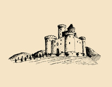 Vector Old Castle Illustration. Gothic Fortress. Hand Drawn Sketch Of Landscape With Tower Among Rural Fields And Hills.
