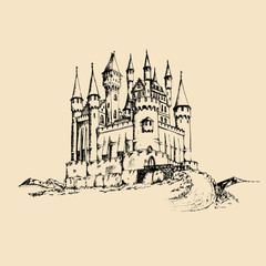  Vector old castle illustration.Gothic fortress background.Hand drawn sketch of landscape with ancient tower in mountains