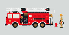 Fire Trucks With Firefighters And Fire Fighting Equipment.