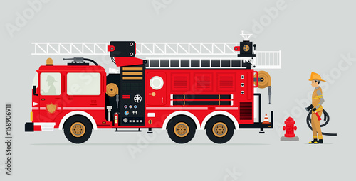 Fotomural Fire trucks with firefighters and fire fighting equipment.