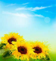 Poster - Nature background with yellow sunflowers and blur sky. Vector