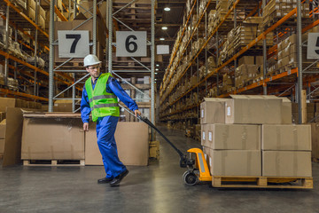 Wall Mural - Warehouse worker dragging a cart with merchandise