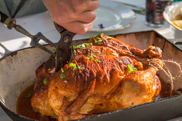 Closeup of cutting chicken with herbs for dinner