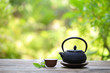 Black vintage teapot and cup  at outdoor
