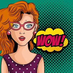 Poster - Ginger woman comic like pop art icon with wow sign over teal background with black dots vector illustration