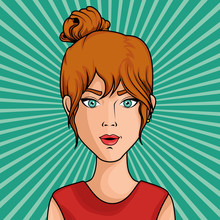 Ginger Woman Comic Like Pop Art Icon Over Teal Striped Background Vector Illustration