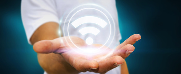 Poster - Businessman using free wifi hotspot interface 3D rendering