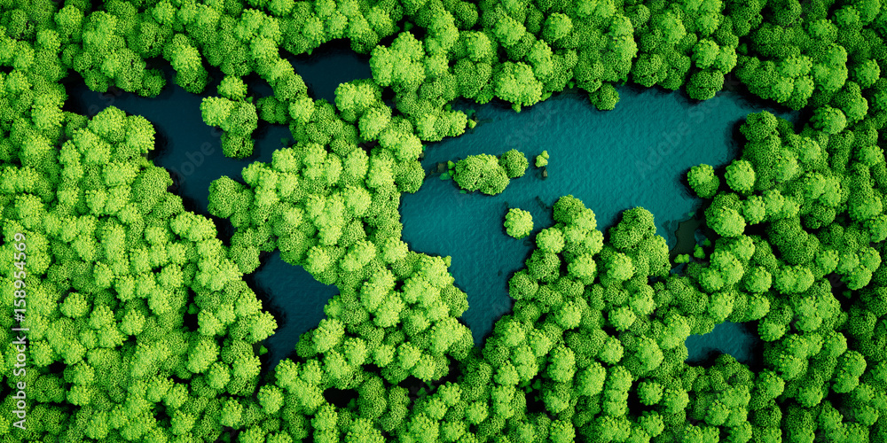Rainforest lakes in the shape of world continents. Environmentally friendly sustainable development concept. 3D illustration. - obrazy, fototapety, plakaty 