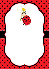 Wall Mural - Vector Card Template with a Cute Ladybug on Polka Dot and Stripes Background. Vector Ladybird.