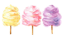 Сotton Candy On Sticks Isolated On A White Background, Watercolor Illustration